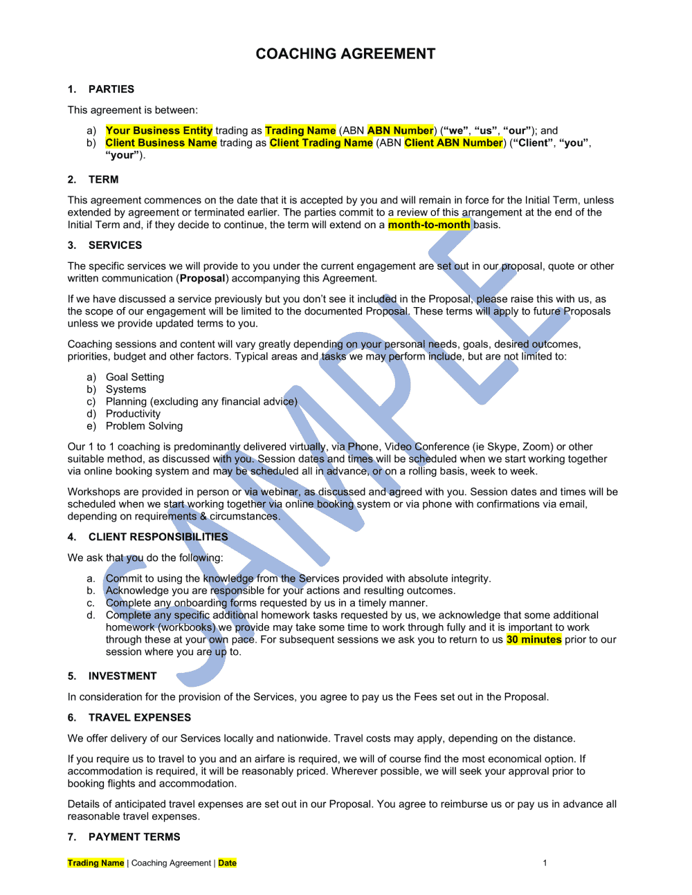 Coaching Agreement Template - Easy Legal Templates Regarding Business Coaching Contract Template