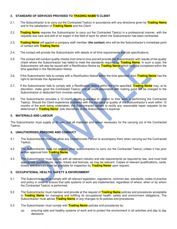 Sub Contractor Agreement template 2